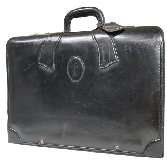 RARE CARTIER 2C Logo Briefcase Travel Hand Bag Leather Black GHW Vintage 67FA376 - Picture 1 of 16